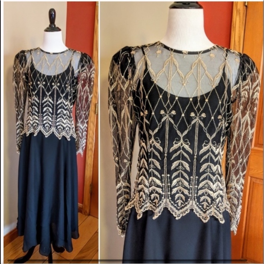 Cachet Navy/Gold Leaf Embroidery Cocktail Dress